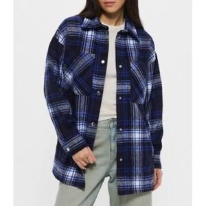H&M‎ DIVIDED Oversized Plaid Shirt Jacket Blue Women Size XS Casual Flannel